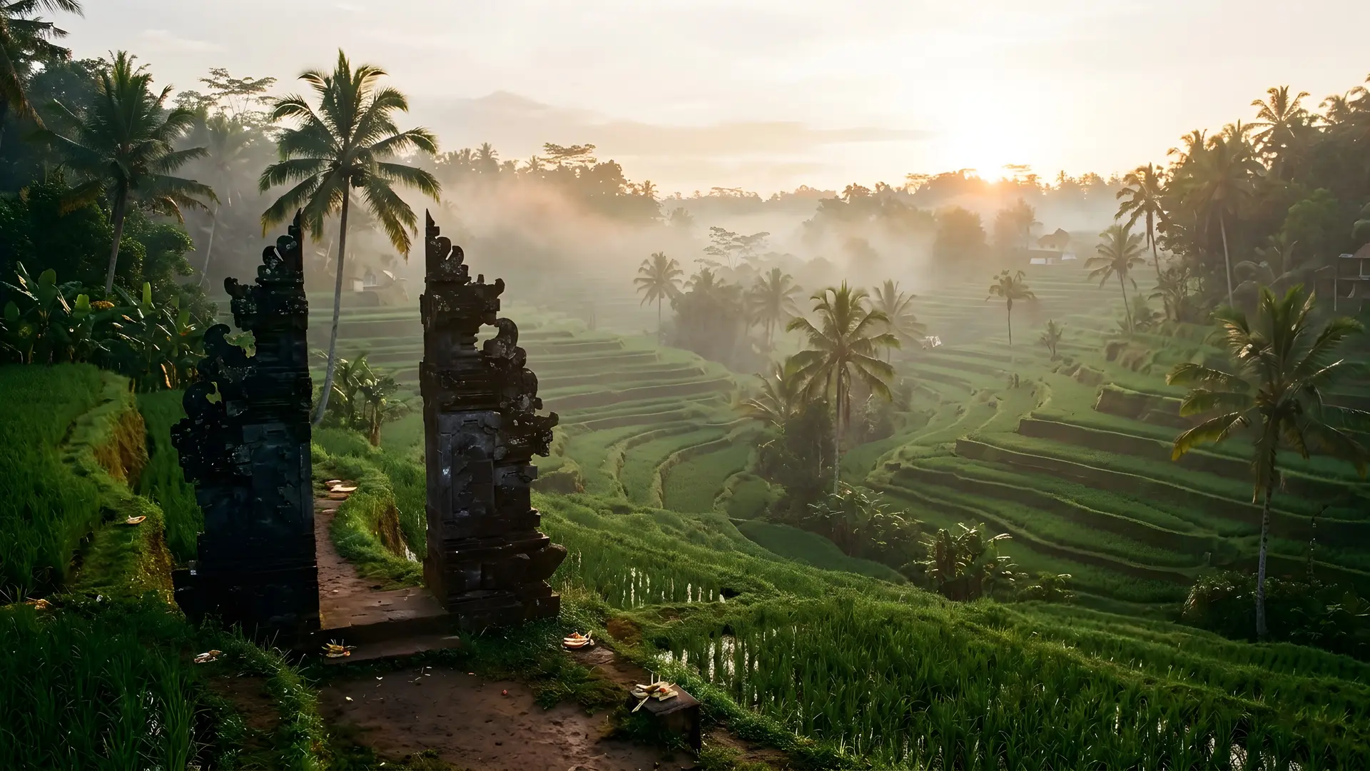 Gerbang pura dan terasering sawah Ubud saat matahari terbit