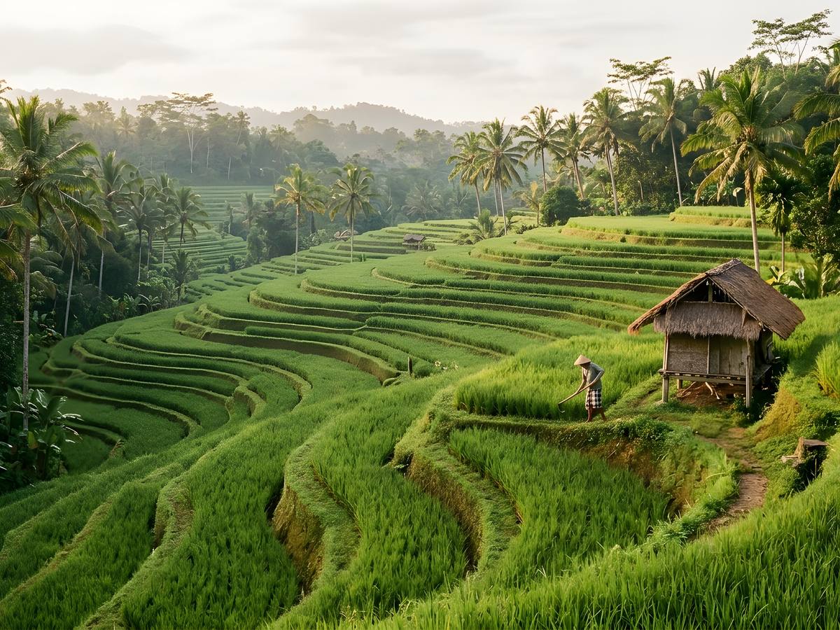 Sawah dan pura di Ubud, Bali